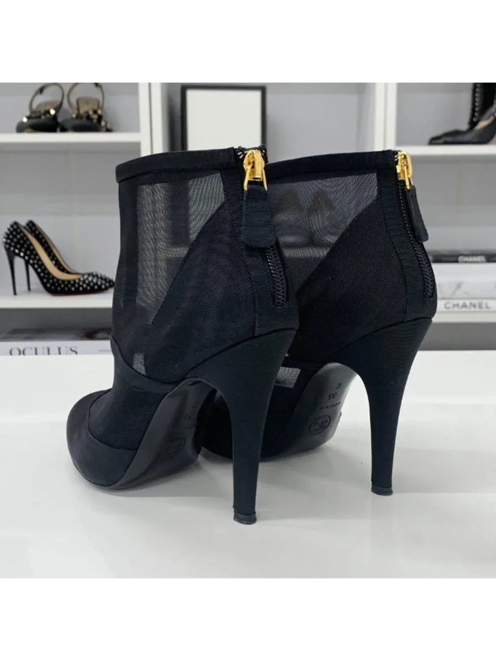 Chanel Mesh Fabric Coco Mark Short Boots Black